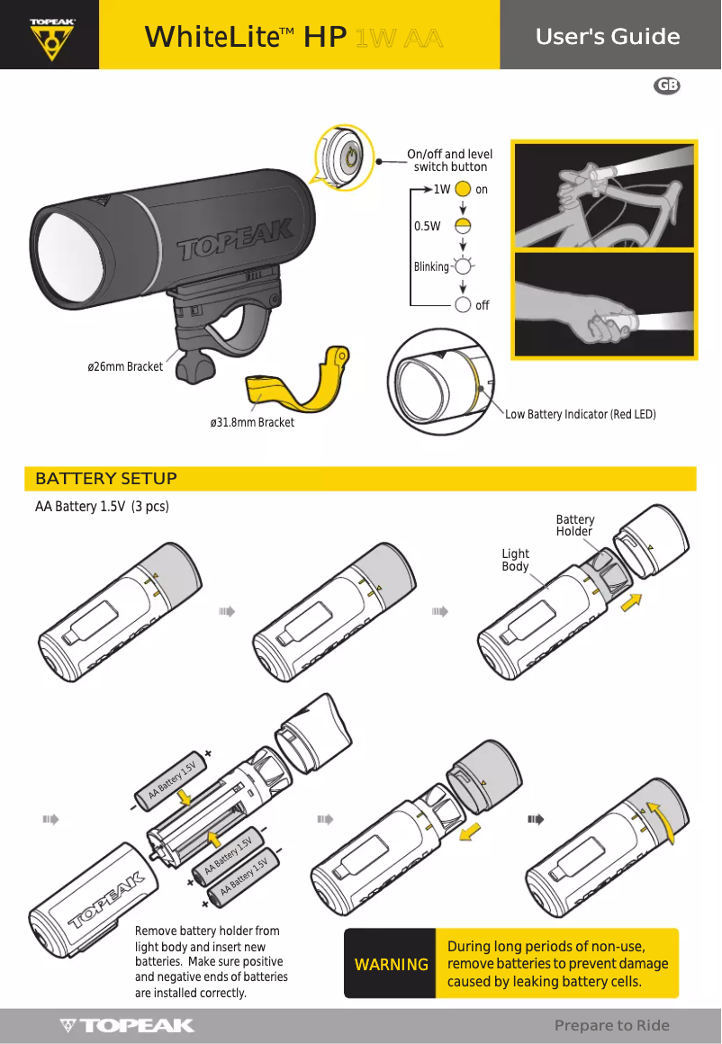Page 1 de la notice Manuel utilisateur Topeak WhiteLite HP
