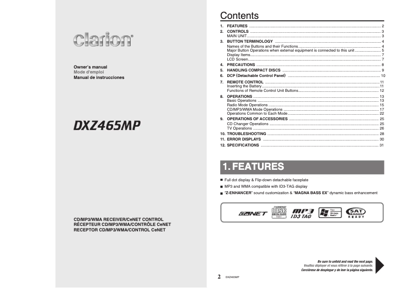 Page n°1 - Manuel utilisateur Clarion DXZ465MP