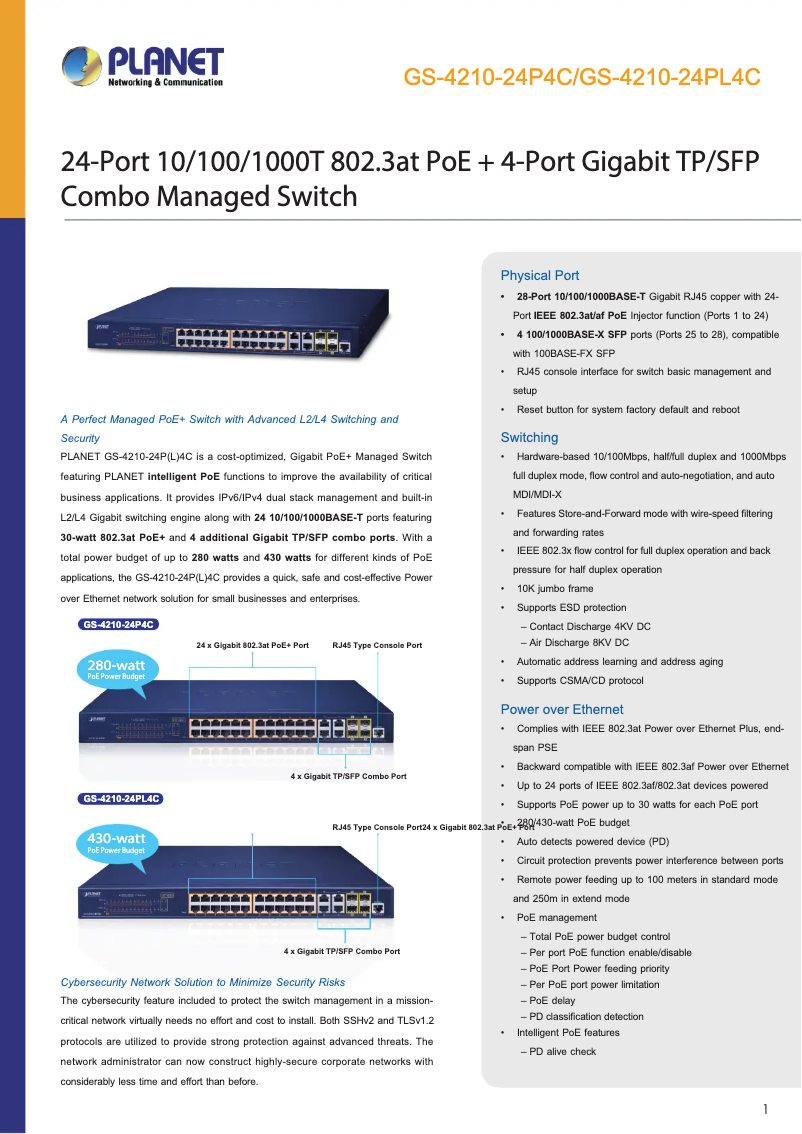 Page n°1 - Fiche technique Planet GS-4210-24PL4C