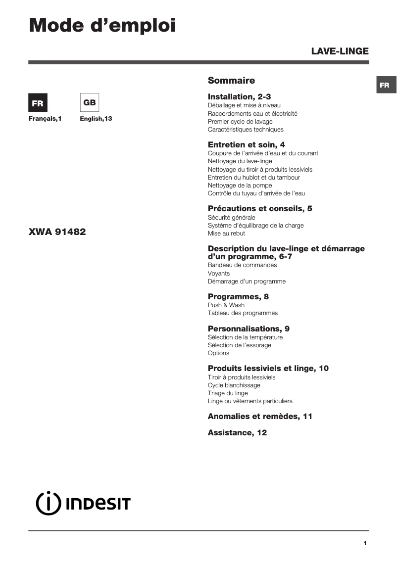 Page 1 de la notice Manuel utilisateur Indesit XWA 91482