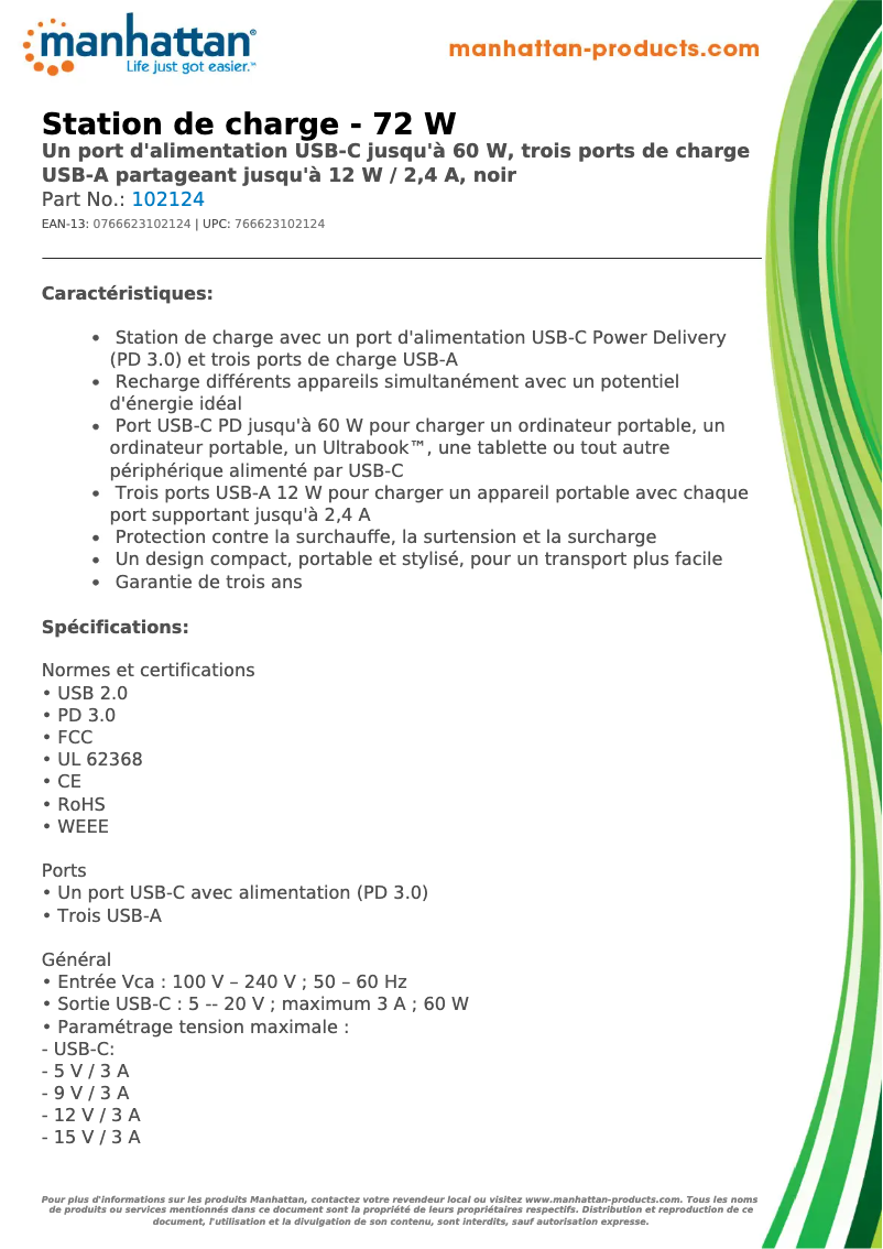 Page 1 de la notice Fiche technique Manhattan 102124