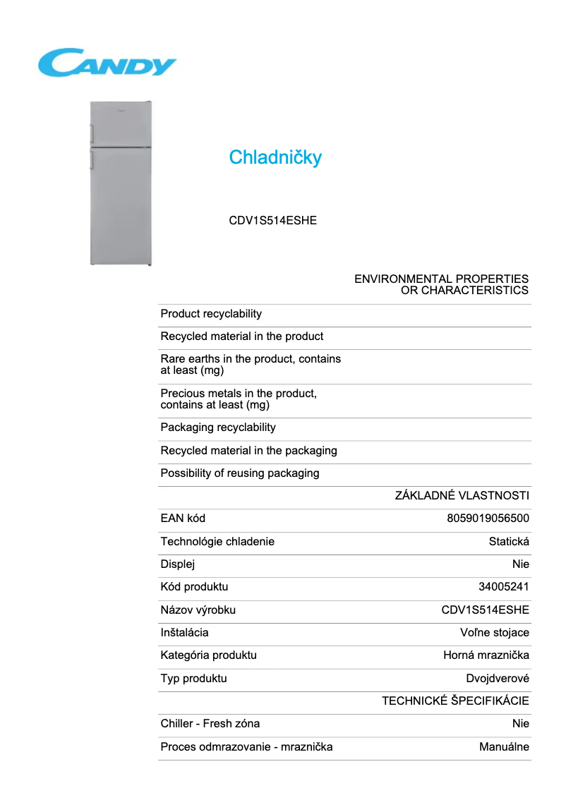 Page 1 of the manual Technical Sheet Candy CDV1S514ESHE