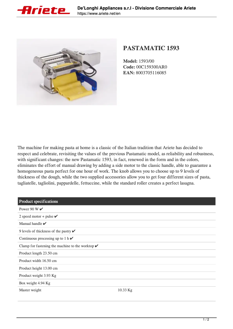 Page 1 de la notice Fiche technique Ariete Pastamatic 1593