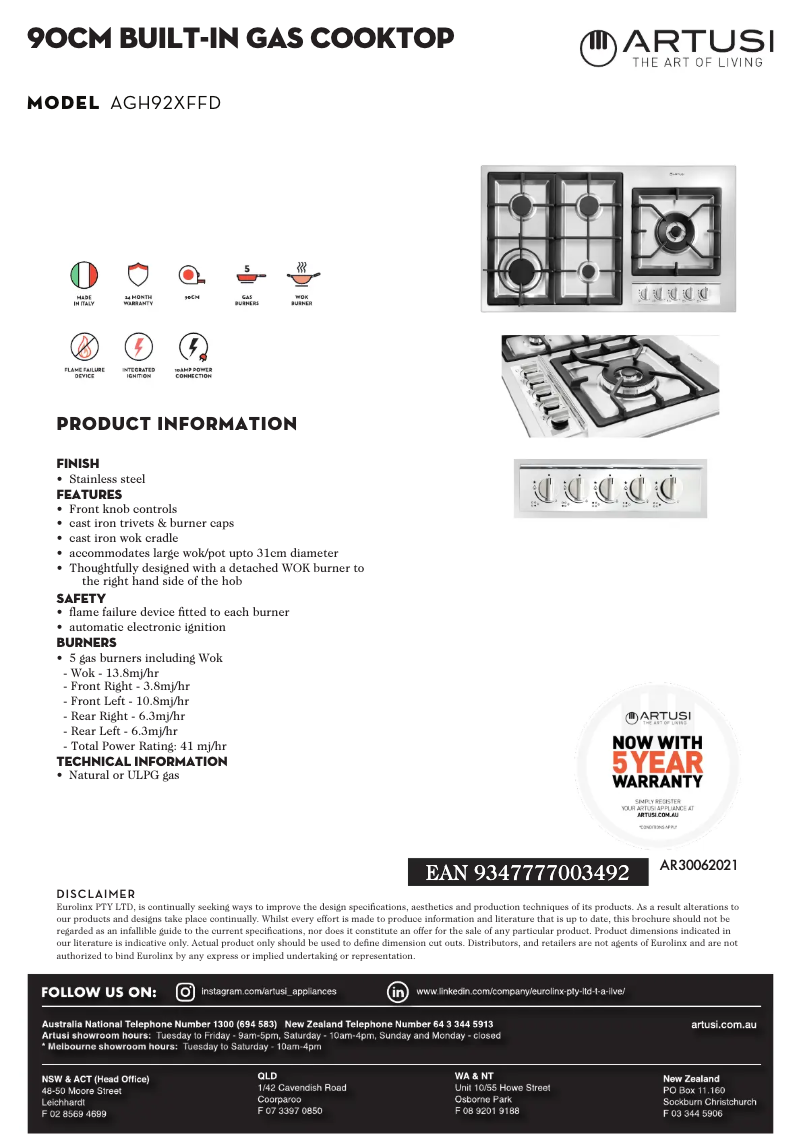 Page 1 de la notice Fiche technique Artusi AGH92XFFD