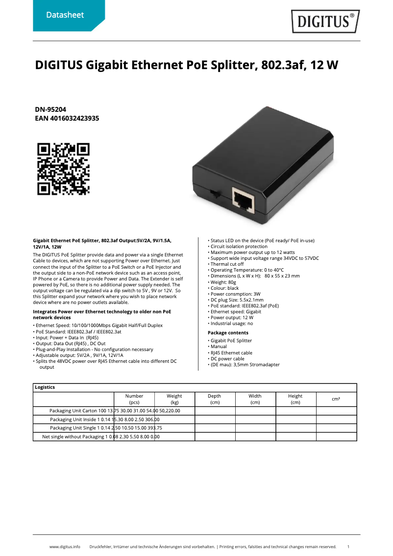 Page 1 de la notice Fiche technique Digitus DN-95204