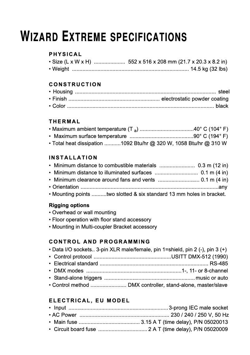 Page n°1 - Fiche technique Martin Wizard Extreme