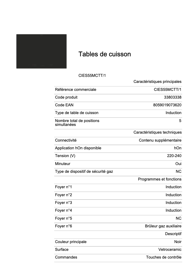 Page n°1 - Fiche technique Candy CIES55MCTT/1