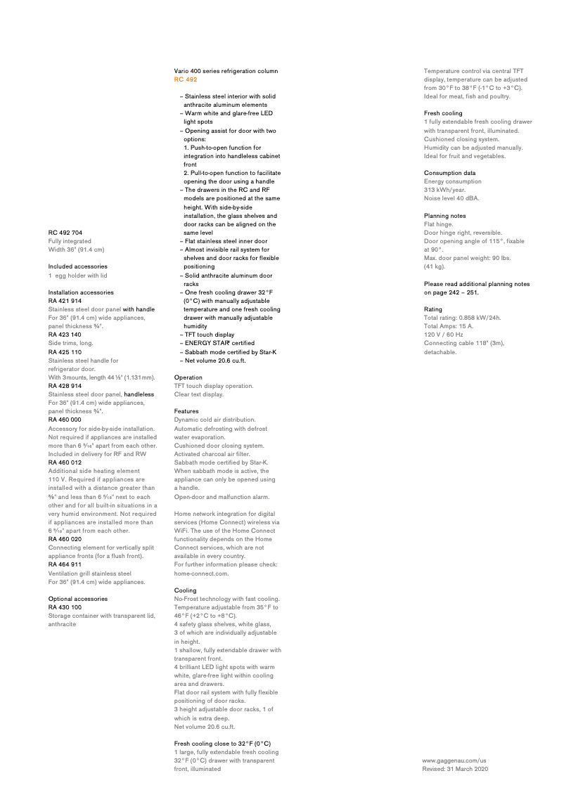 Page 1 de la notice Fiche technique Gaggenau RC472704