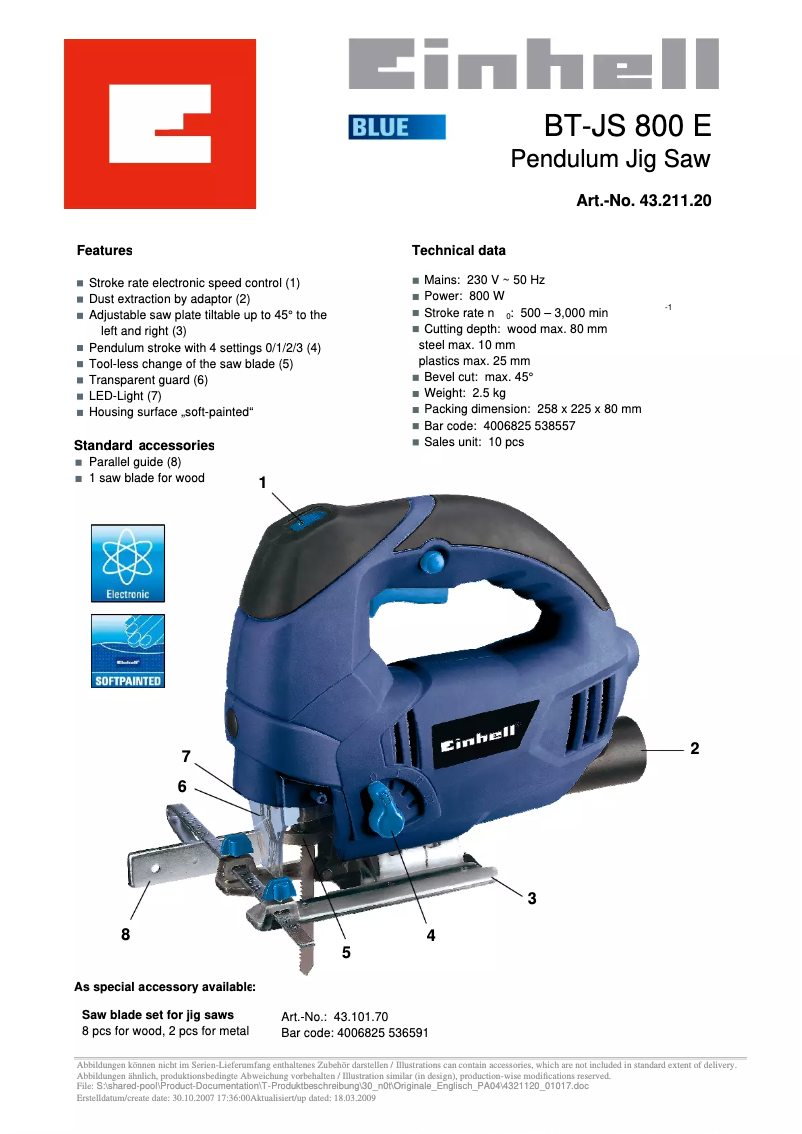Page n°1 - Fiche technique Einhell BT-JS 800 E