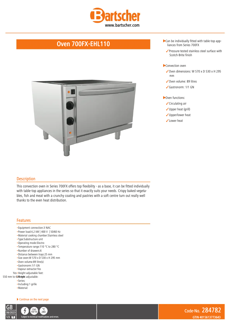 Page 1 de la notice Fiche technique Bartscher 700FX-EHL110