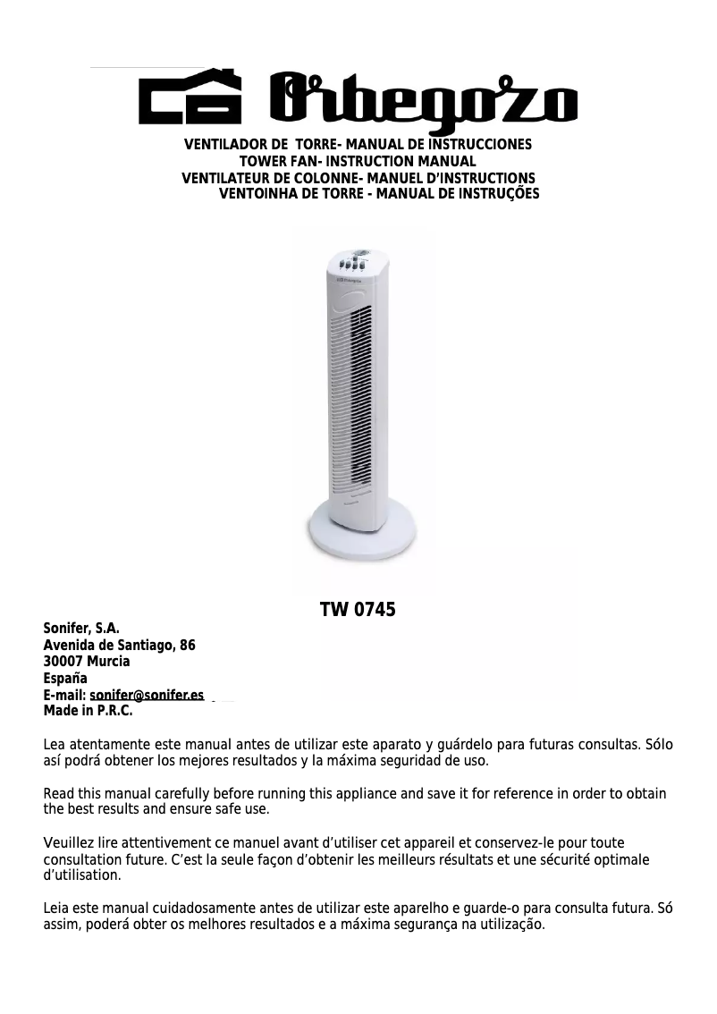 Page n°1 - Manuel utilisateur Orbegozo TW 0745
