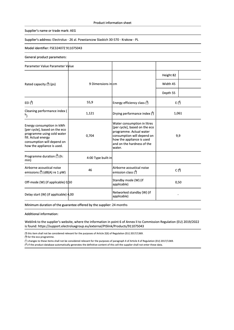 Page n°1 - Fiche technique AEG FSE32407Z