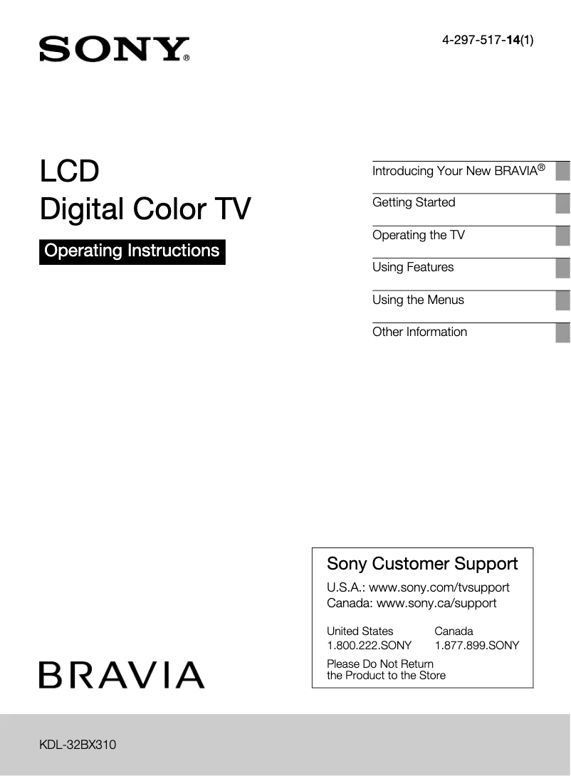 Page 1 de la notice Manuel utilisateur Sony Bravia KDL-32BX310