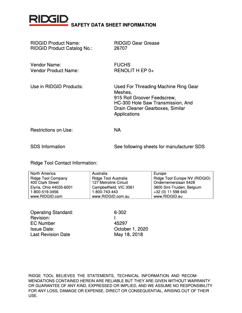 Page 1 de la notice Fiche technique Ridgid 1215