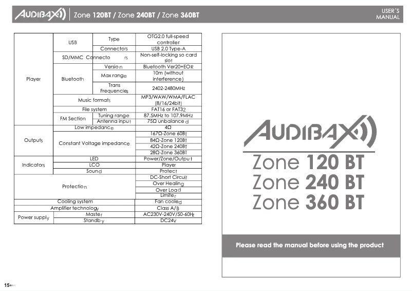 Page 1 de la notice Manuel utilisateur Audibax Zone 240 BT