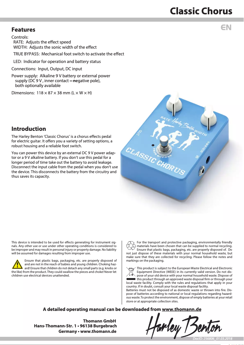 Page 1 de la notice Fiche technique Harley Benton Classic Chorus