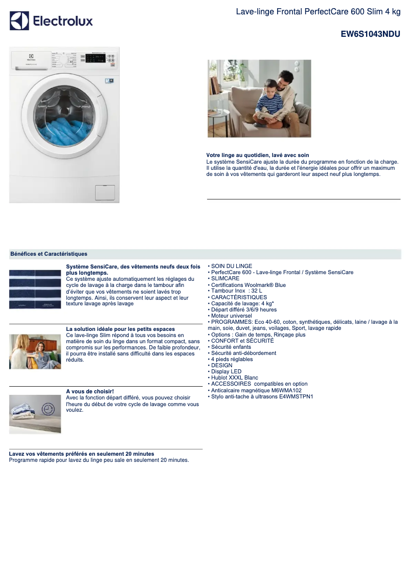 Page 1 de la notice Fiche technique Electrolux EW6S1043NDU