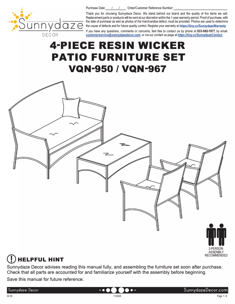 Page 1 de la notice Manuel utilisateur Sunnydaze Decor VQN-950