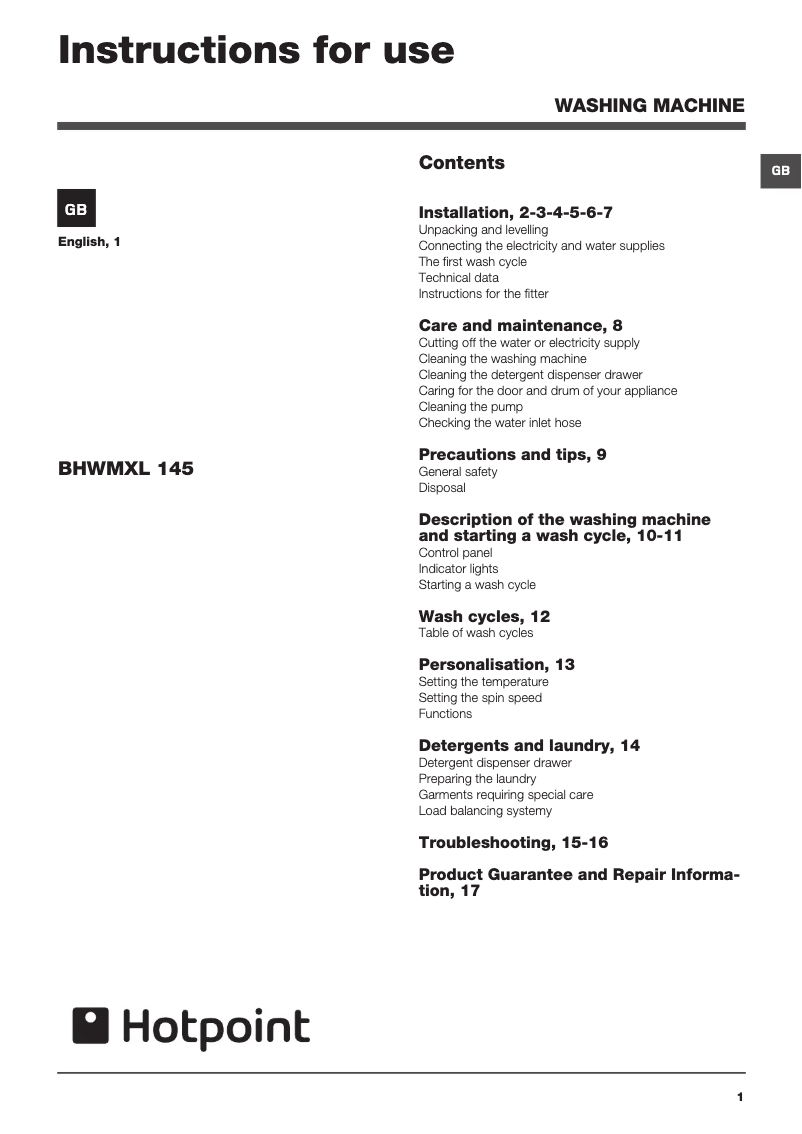 Page n°1 - Manuel utilisateur Hotpoint BHWMXL 145 UK