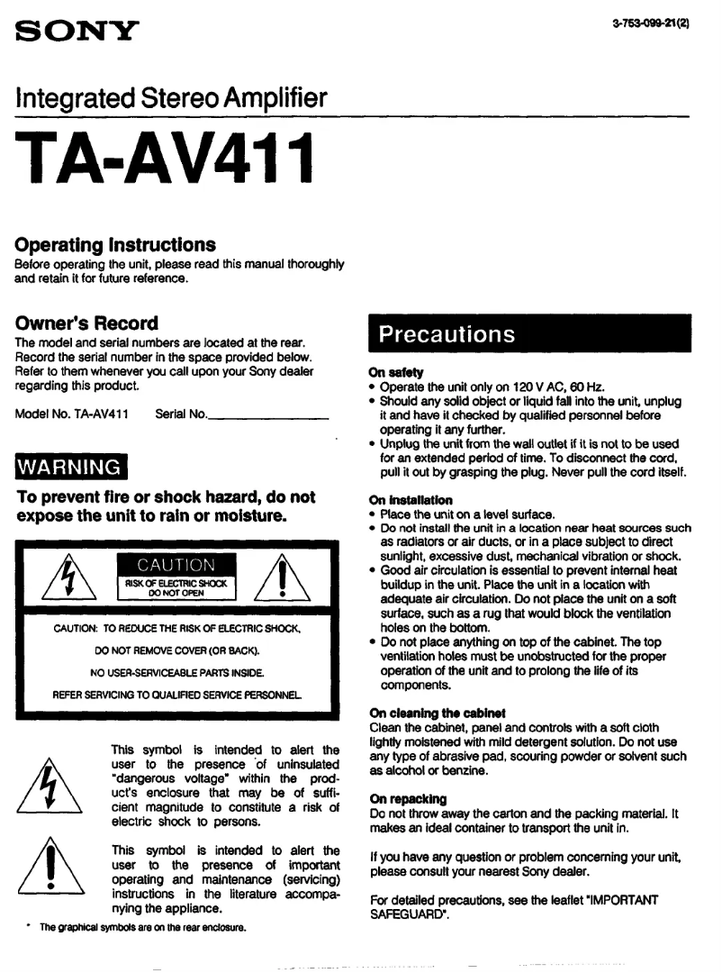 Page 1 de la notice Manuel utilisateur Sony TA-AV411