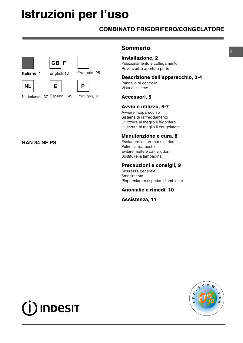 Page 1 de la notice Manuel utilisateur Indesit BAN 34 NF P S (0)