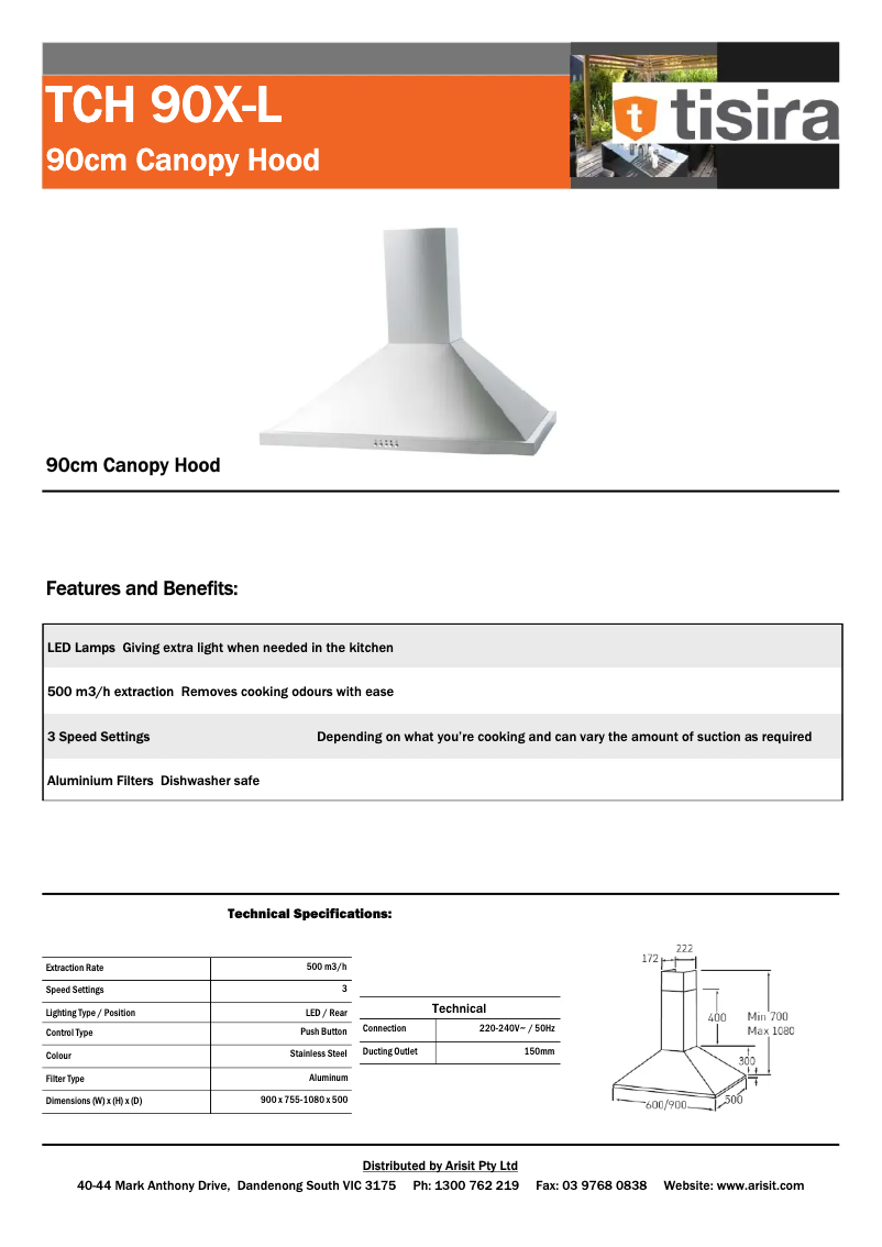 Page 1 de la notice Fiche technique Tisira TCH90X