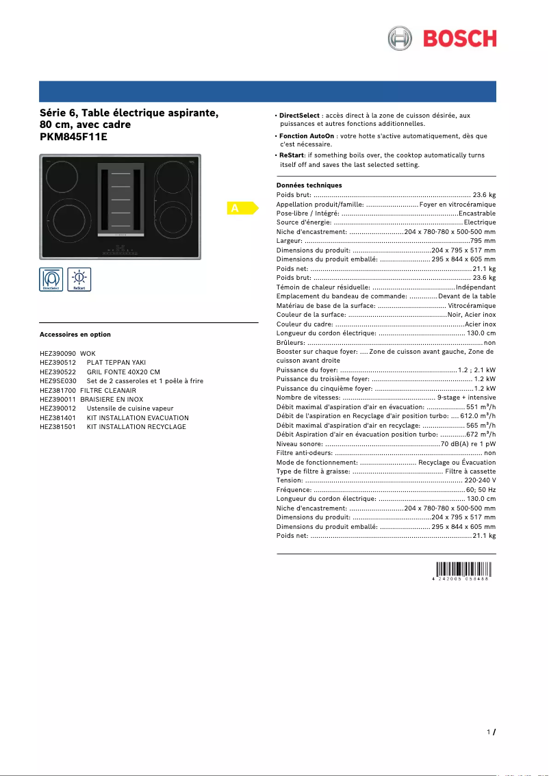 Page 1 de la notice Fiche technique Bosch PKM845F11E