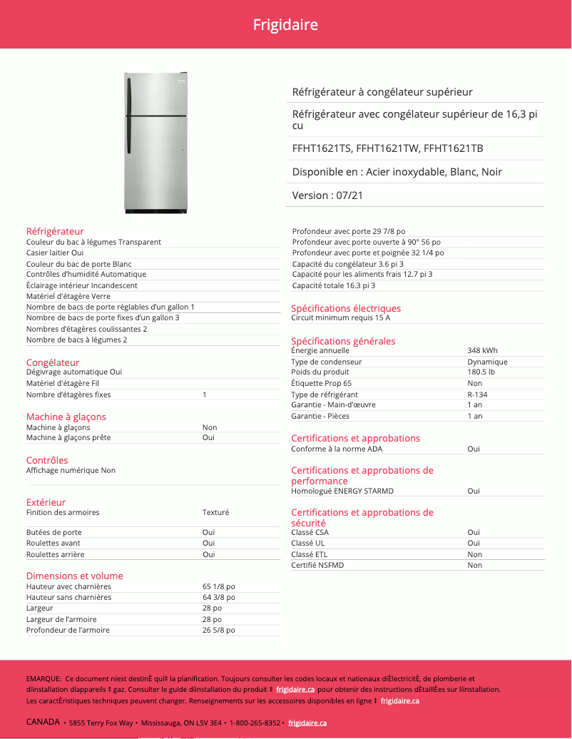 Página 1 del manual Ficha técnica Frigidaire FFHT1621TW