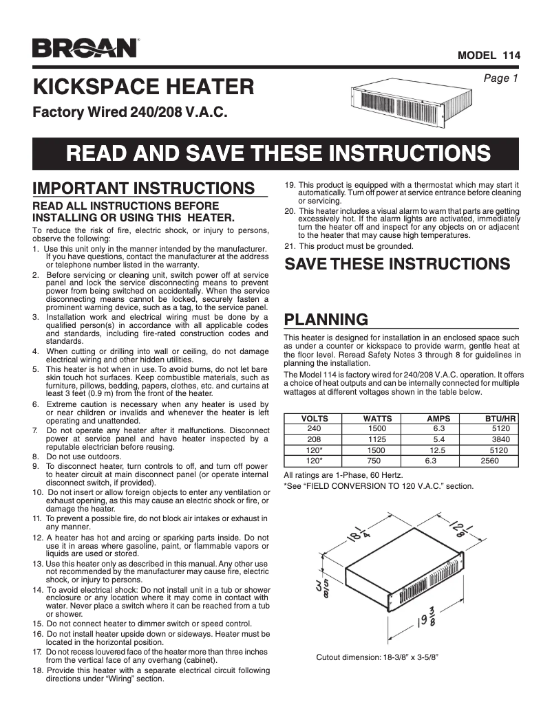 Page n°1 - Guide d'installation Broan 114