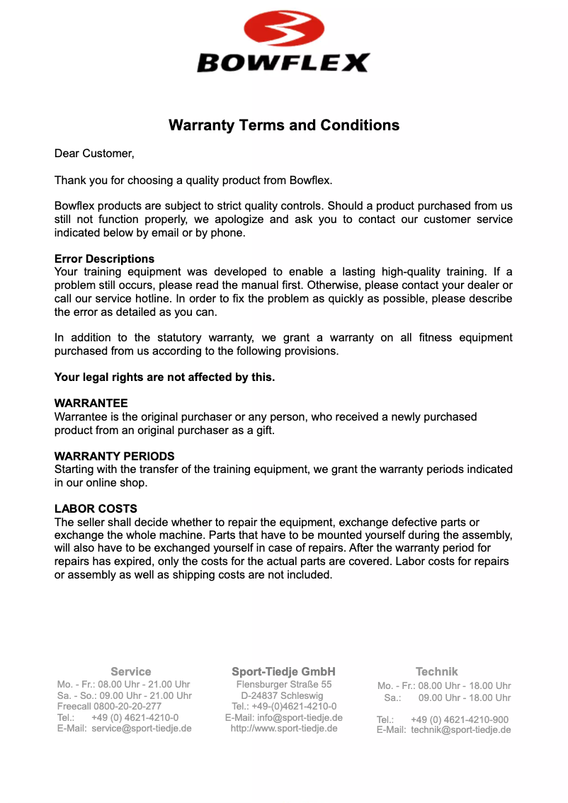 Page 1 de la notice Informations de garantie Bowflex SelectTech BF1090i