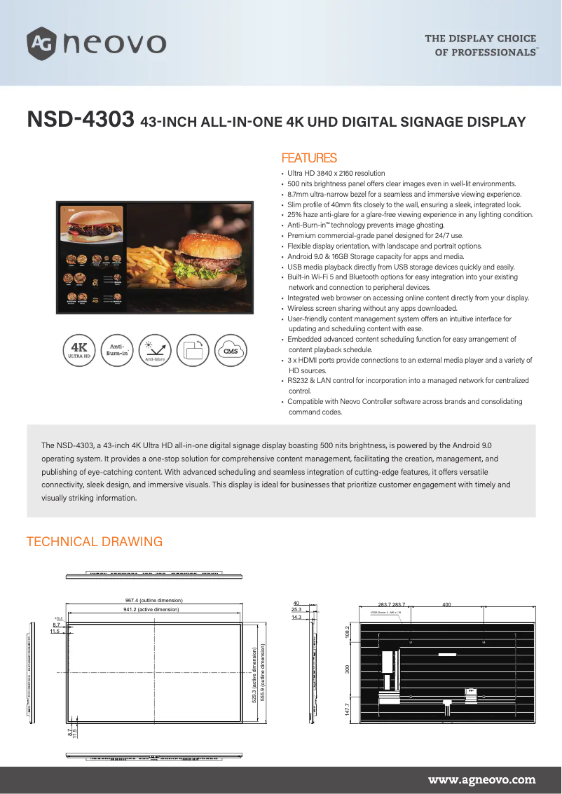 Page 1 de la notice Fiche technique AG Neovo NSD-4303