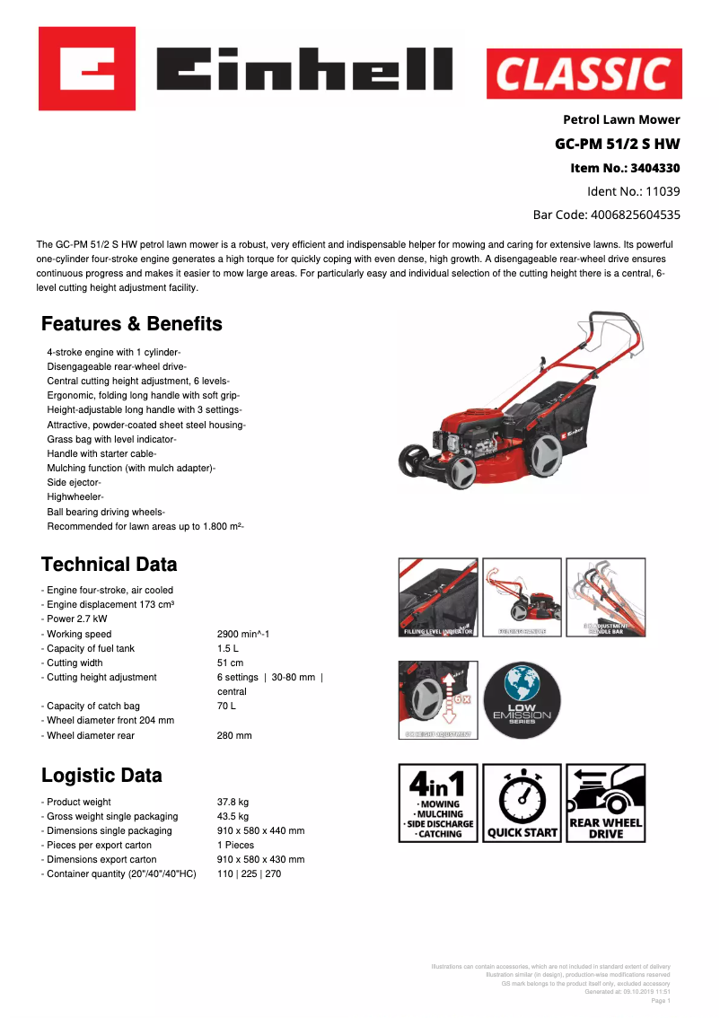 Página 1 del manual Ficha técnica Einhell GC-PM 51/2 S HW