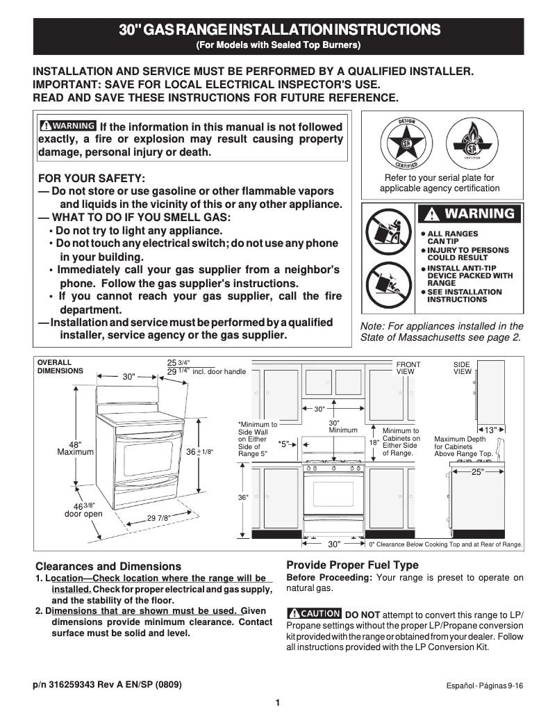 Page n°1 - Guide d'installation Frigidaire FGGF3032KB