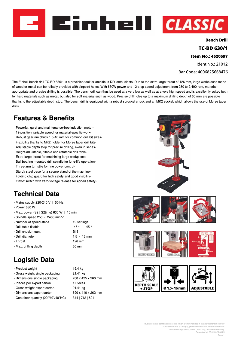 Page 1 de la notice Fiche technique Einhell TC-BD 630/1