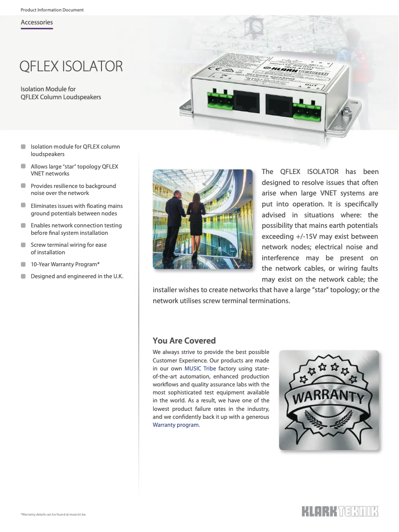Page 1 de la notice Fiche technique Klark Teknik Qflex Isolator