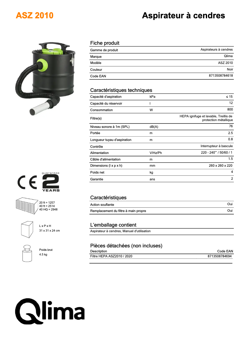 Page 1 de la notice Fiche technique Qlima ASZ2010