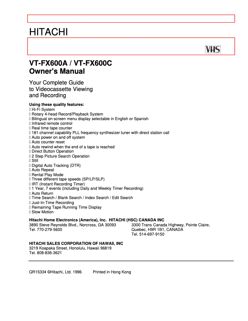 Image de la première page du manuel de l'appareil VT-FX600A