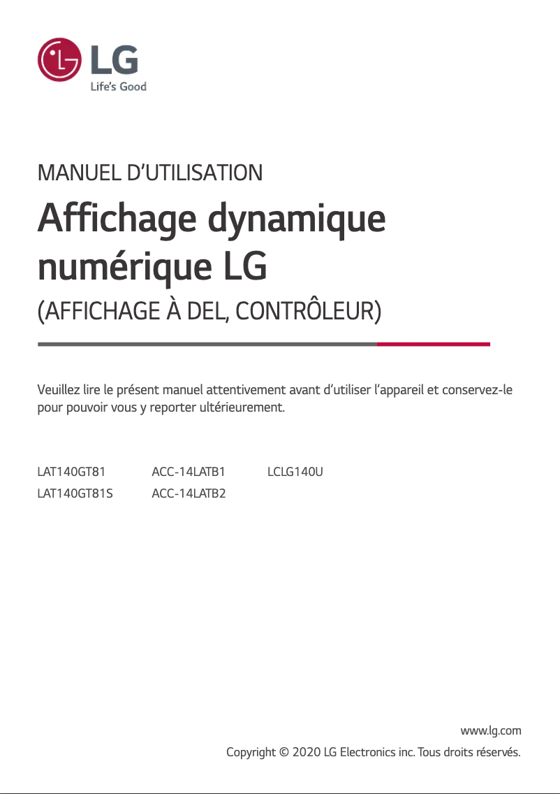 Page 1 de la notice Manuel utilisateur LG LAT140GT81