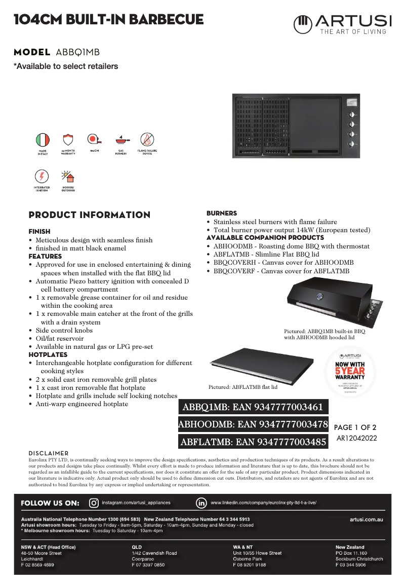 Page n°1 - Fiche technique Artusi ABBQ1MB