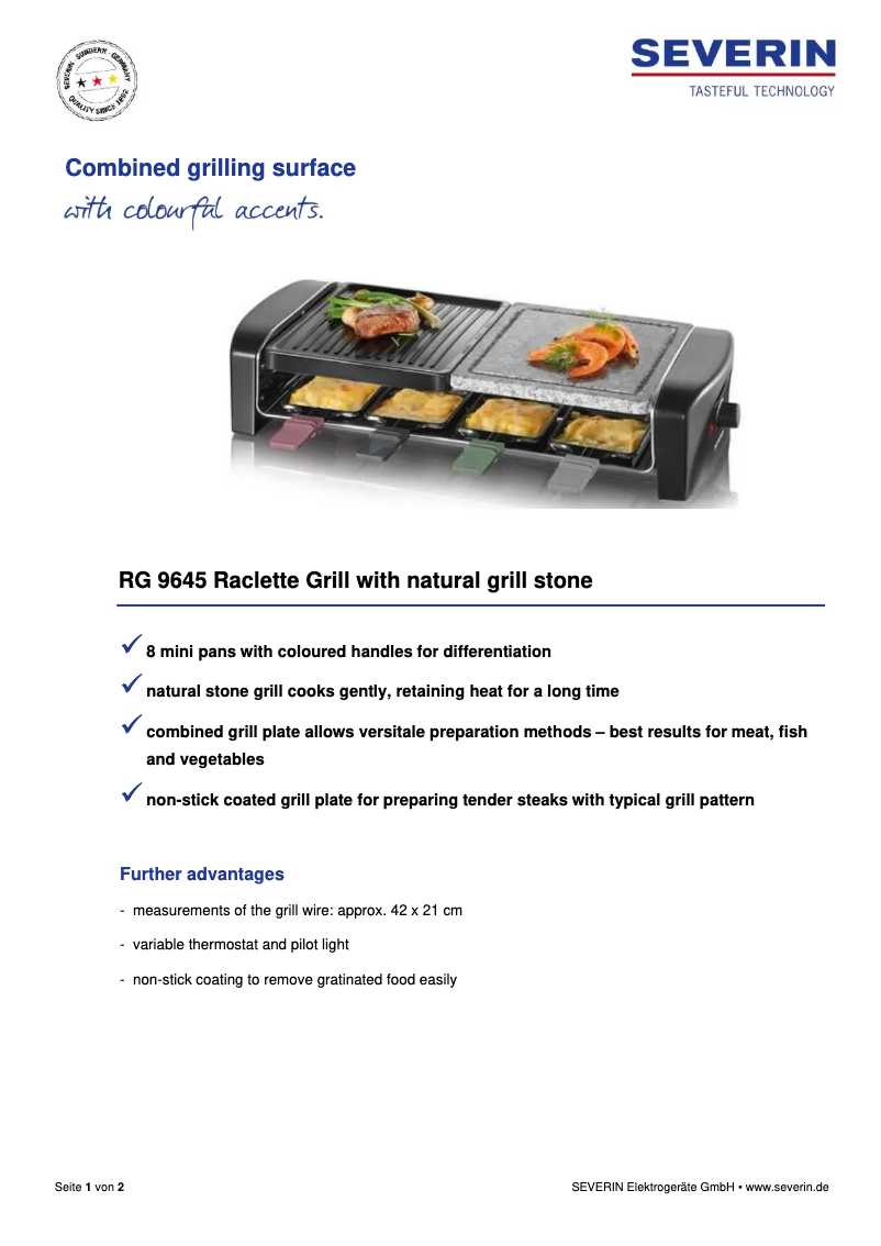 Page 1 de la notice Fiche technique Severin RG 9645
