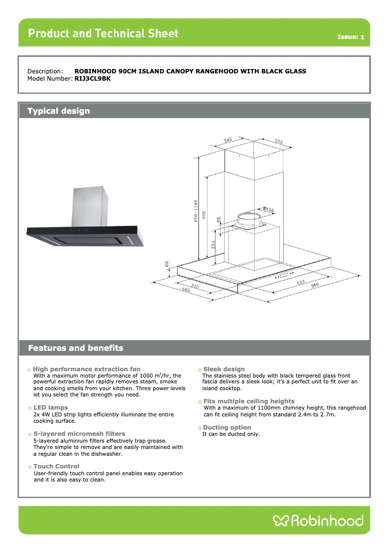 Page 1 de la notice Fiche technique Robinhood RIJ3CL9BK