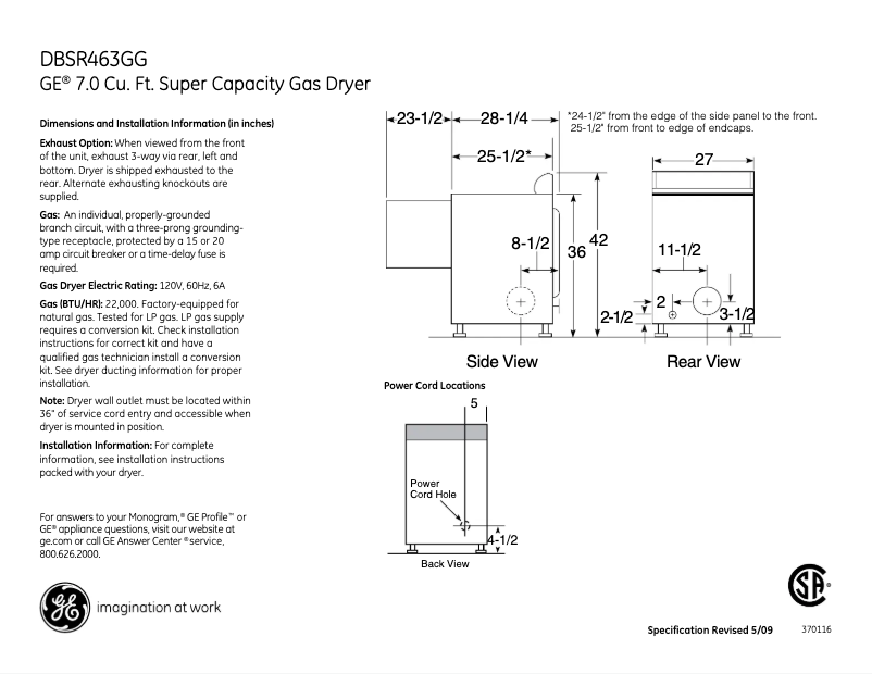 Page n°1 - Fiche technique GE DBSR463GGWW