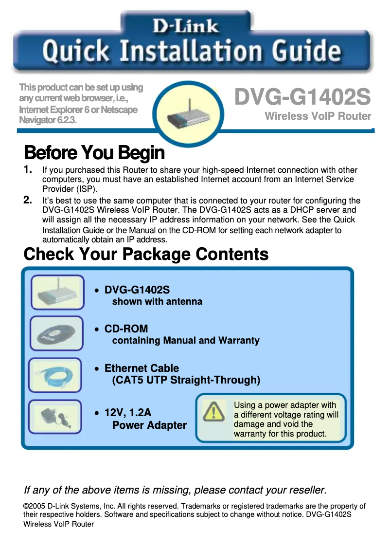 Page n°1 - Guide d'installation D-Link DVG-G1402S