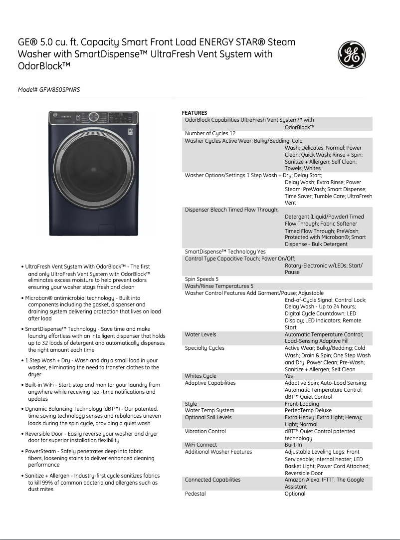 Page 1 of the manual Technical Sheet GE GFW850SPNRS
