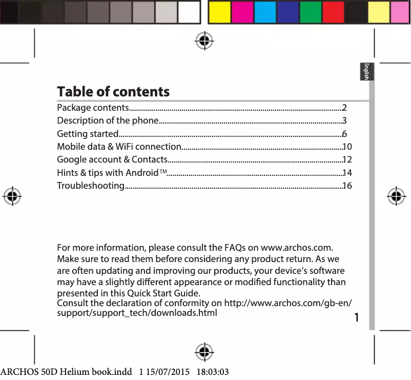 Page 1 de la notice Manuel utilisateur Archos 50d Helium