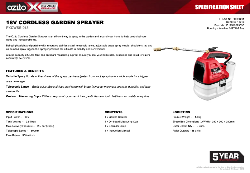 Página 1 del manual Ficha técnica Ozito PXCWSS-018