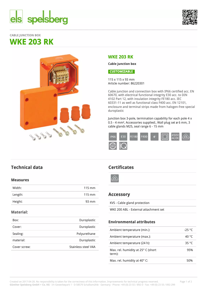 Page 1 of the manual User Manual Spelsberg WKE 203 RK