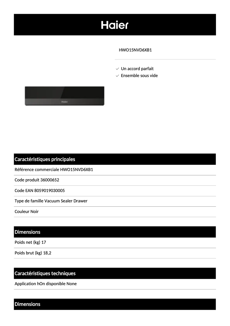 Page 1 de la notice Fiche technique Haier HWO15NVD6XB1