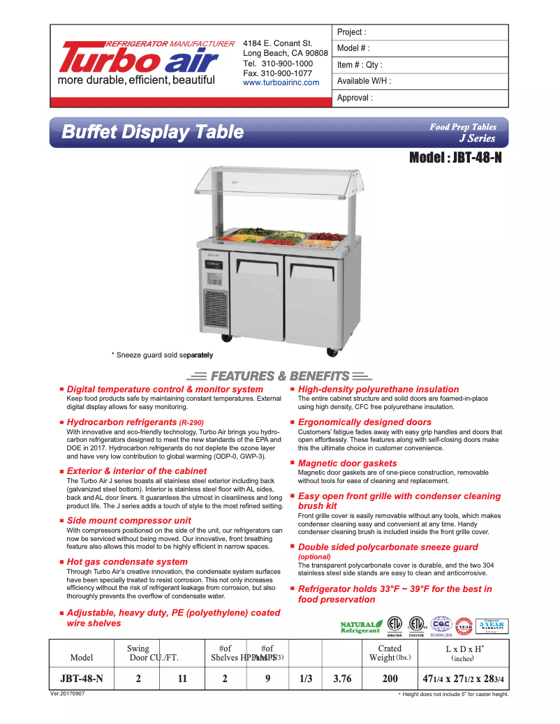 Página 1 del manual Ficha técnica Turbo air JBT-48