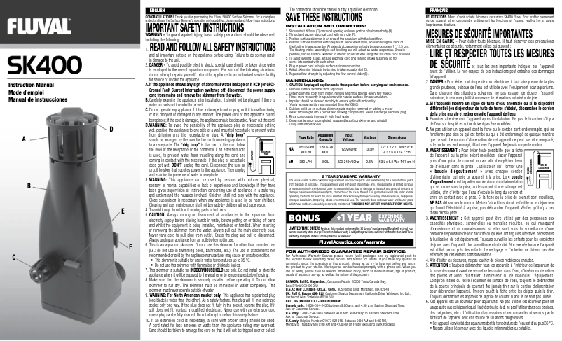 Page 1 de la notice Manuel utilisateur Fluval SK400